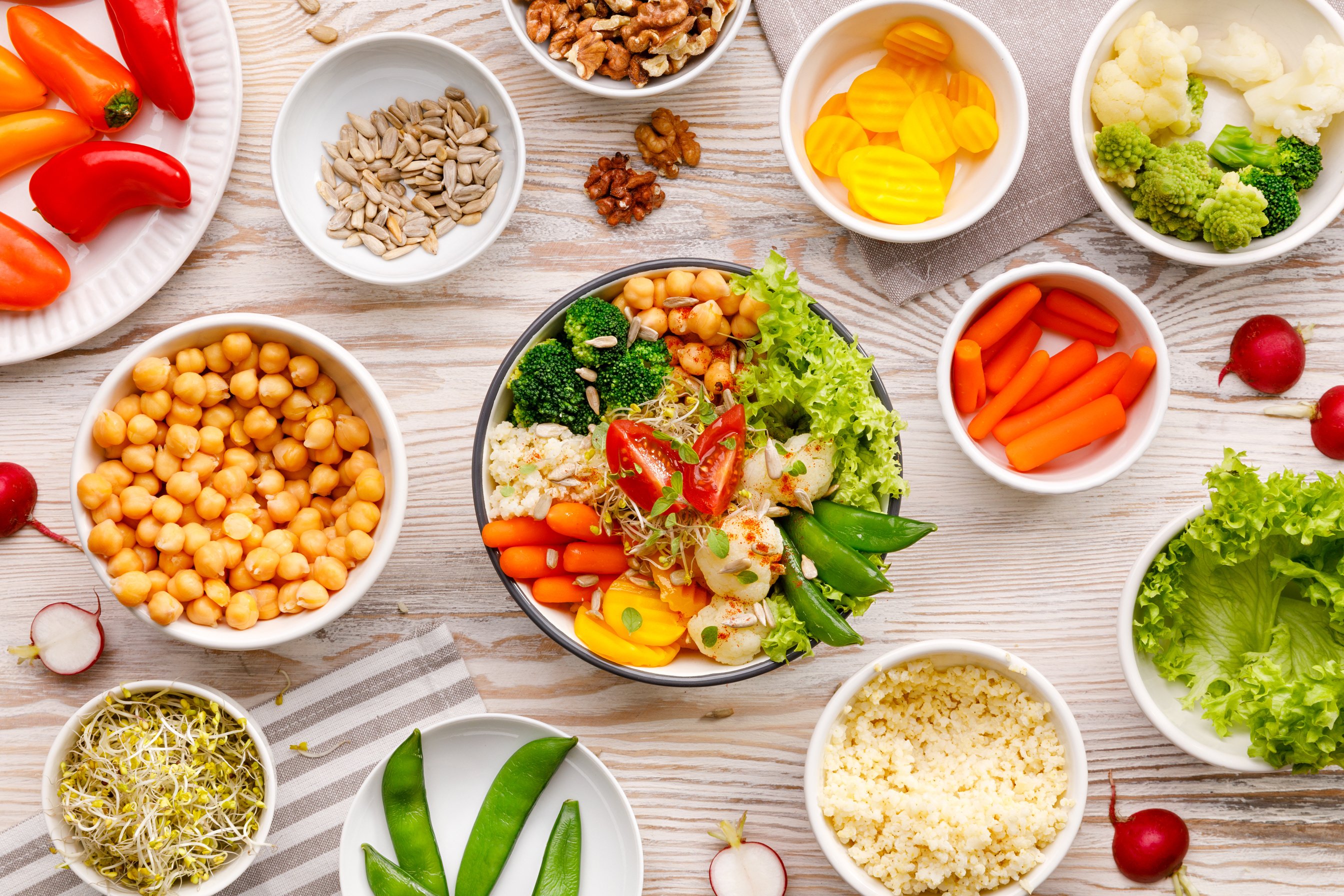 Buddha bowl, healthy and balanced vegan meal, fresh salad with a variety of vegetables, healthy eating concept.